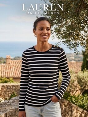 Ralph Lauren Black and White Striped Long-Sleeve Top with Gold Buttons